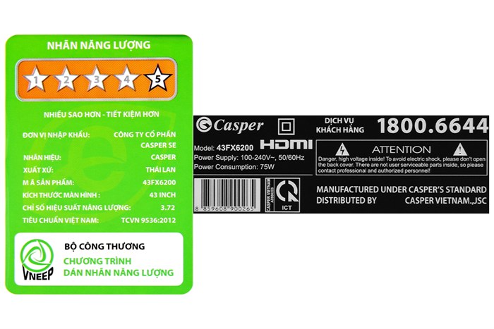 Smart Tivi Casper 43 inch 43FX6200 Màu Đen