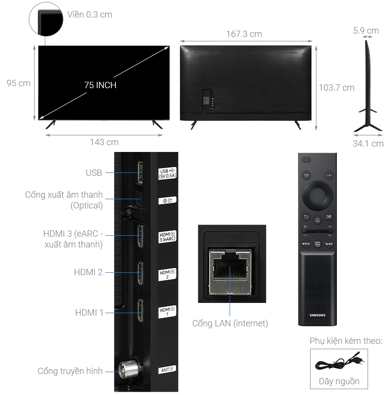 Televisión SAMSUNG UN75AU7000FXZ, 75 pulgadas, 4K UHD , 3840 x