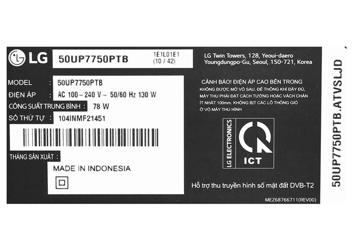 Smart Tivi LG 4K 50 inch 50UP7750PTB Màu Đen