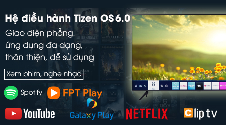 Smart Tivi Samsung 4K 75 inch UA75AU7700 - Hệ điều hành TizenOS 6.0 với kho ứng dụng đa dạng