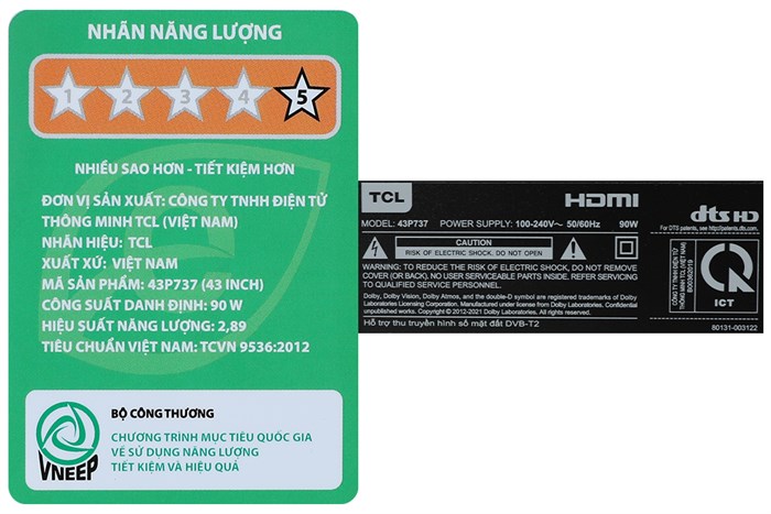 Google Tivi TCL 4K 43 inch 43P737 Màu Đen