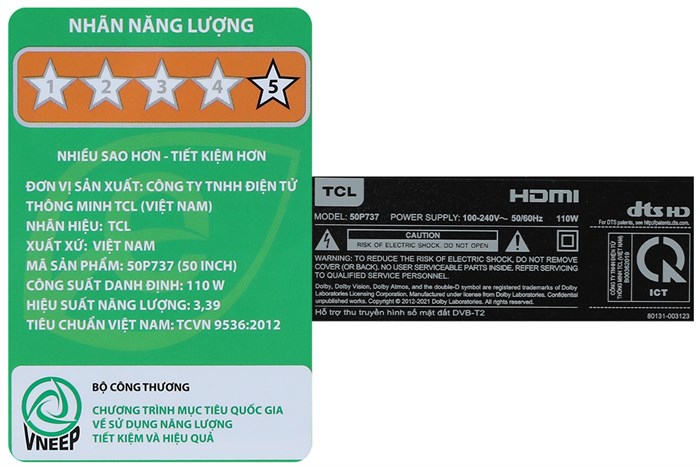 Google Tivi TCL 4K 50 inch 50P737 Màu Đen