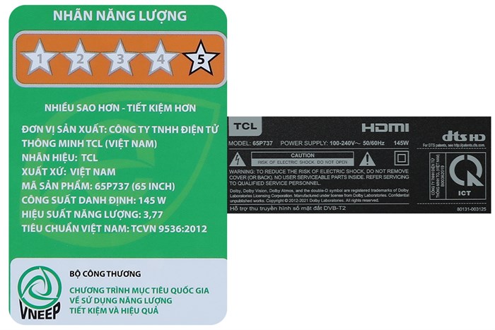 Google Tivi TCL 4K 65 inch 65P737 Màu Đen