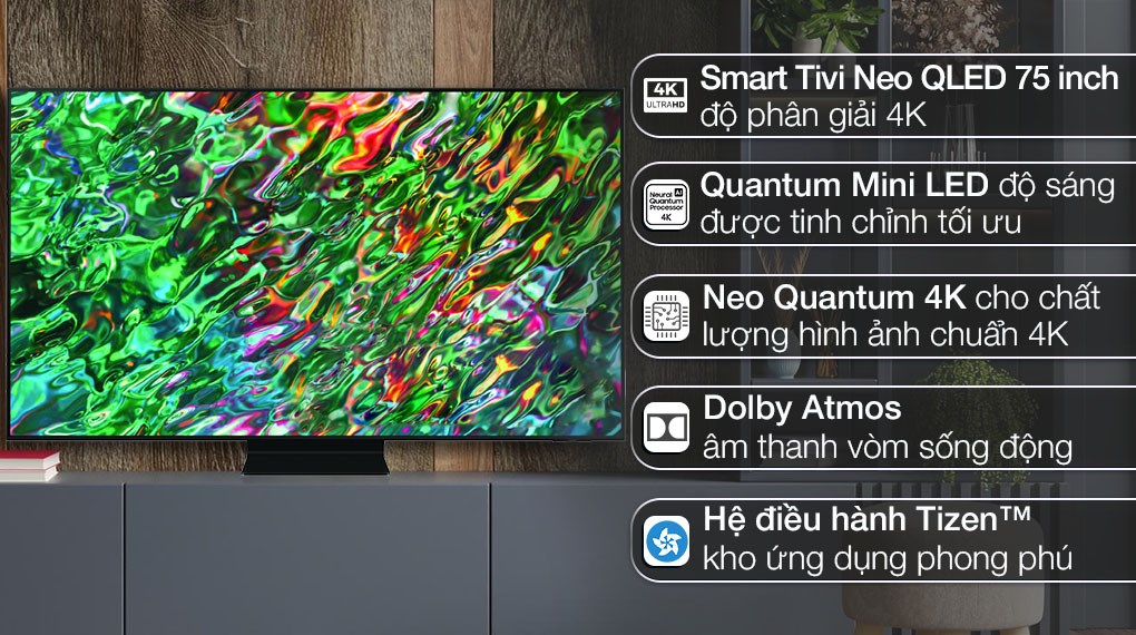 Smart Tivi Neo QLED 4K, Samsung QA75QN90B, trả góp: Smart Tivi Neo QLED 4K, Samsung QA75QN90B là sản phẩm công nghệ hàng đầu của Samsung với độ phân giải 4K siêu nét và tính năng tuyệt vời. Nếu bạn đang tìm kiếm một chiếc tivi để nâng cao trải nghiệm xem phim và chơi game của mình, hãy xem hình ảnh này để biết thêm chi tiết về sản phẩm và các chương trình trả góp hấp dẫn.