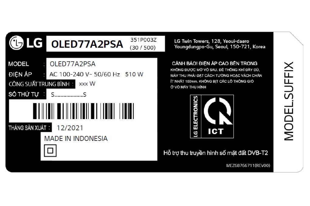 Smart Tivi OLED LG 4K 77 inch 77A2PSA Màu Đen