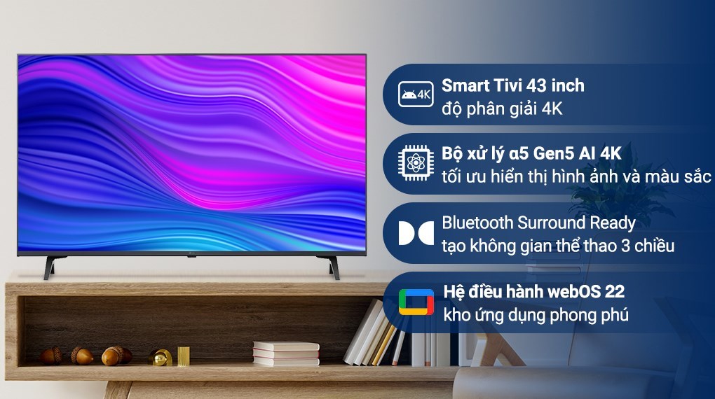 Smart Tivi LG 4K 43 inch: Khám phá thế giới giải trí tại gia với màn hình 4K kích thước 43 inch của LG. Sản phẩm này sẽ đem đến cho bạn những trải nghiệm tuyệt vời với những bộ phim, chương trình giải trí và trò chơi yêu thích với độ nét cao cùng màu sắc trung thực.