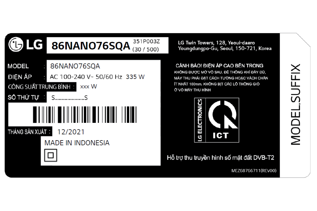 Smart Tivi NanoCell LG 4K 86 inch 86NANO76SQA Màu Đen