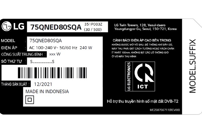 Smart Tivi QNED LG 4K 75 inch 75QNED80SQA Màu Đen