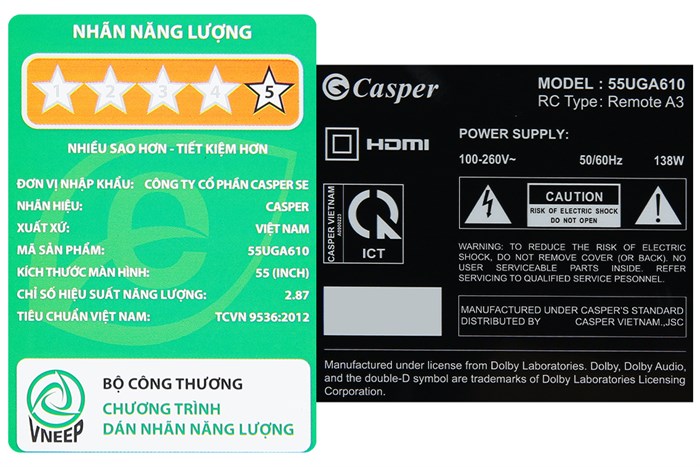 Android Tivi Casper 4K 55 inch 55UGA610 Màu Đen