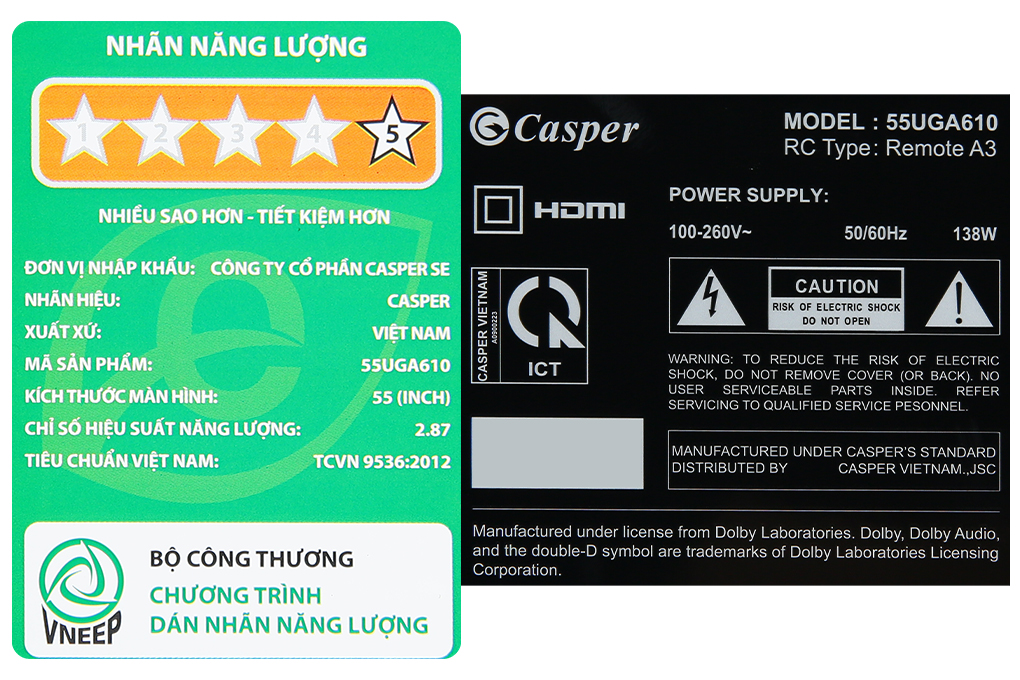 Android Tivi Casper 4K 55 inch 55UGA610 Màu Đen