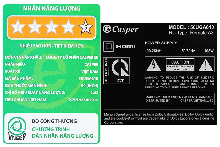 Android Tivi Casper 4K 50 inch 50UGA610 Màu Đen