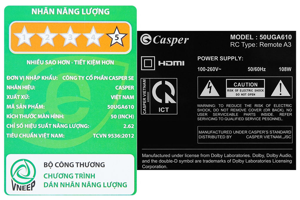 Android Tivi Casper 4K 50 inch 50UGA610 Màu Đen