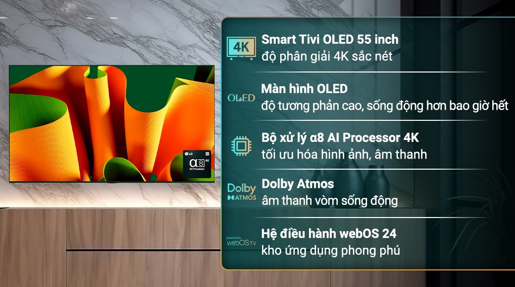 Smart Tivi OLED LG AI 4K 55 inch 55B4PSA sở hữu màn hình OLED nổi bật với khả năng tái tạo màu sắc chính xác đến 100%, độ sáng cao và góc nhìn rộng