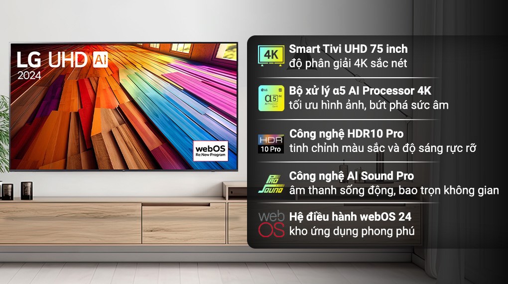 Smart Tivi LG AI 4K 75UT8050PSB sở hữu màn hình 75 inch, độ phân giải 4K UHD sắc nét
