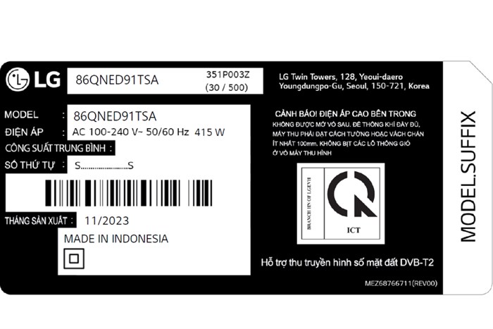 Smart Tivi QNED LG AI 4K 86 inch 86QNED91TSA Màu Đen