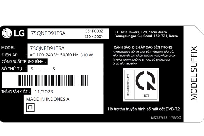 Smart Tivi QNED LG AI 4K 75 inch 75QNED91TSA Màu Đen