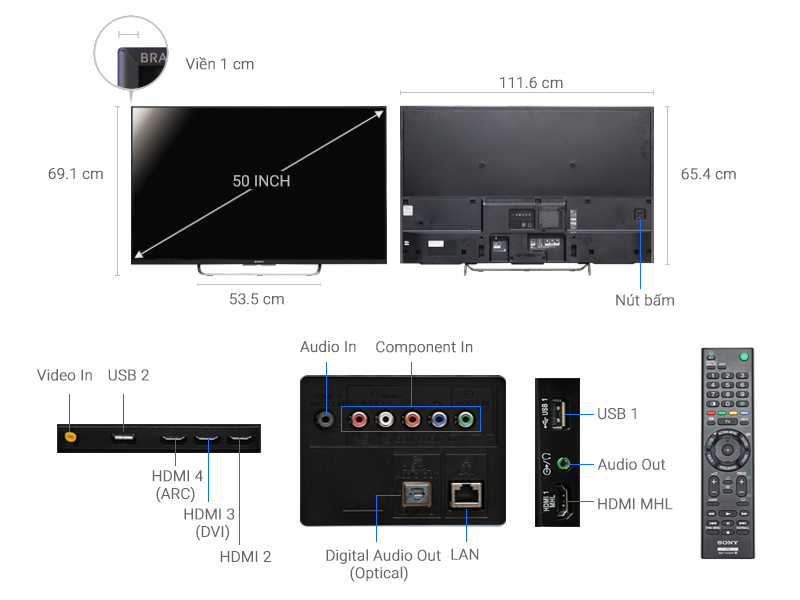 Thông số kỹ thuật Android Tivi Sony 50 inch KDL-50W800C
