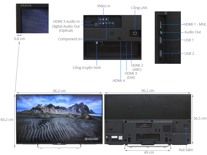Thông số kỹ thuật Internet Tivi Sony 43 inch 43W780C