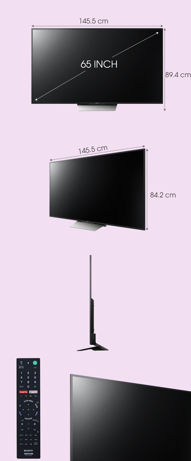 Android Tivi Sony 65 inch KD-65X8500D - Kích thước tivi