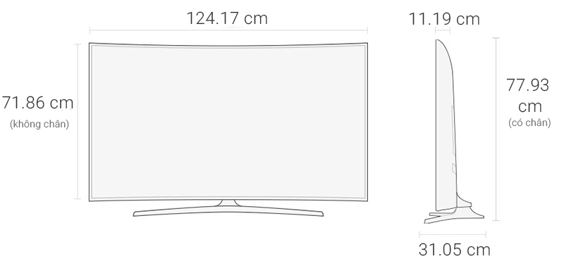 Smart Tivi Cong Samsung 55 inch UA55KU6100 - Kích thước TV
