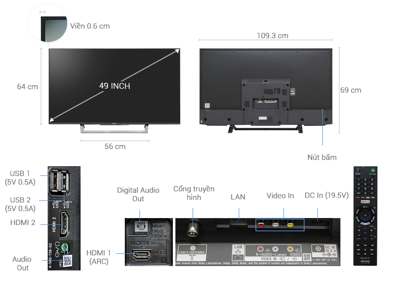 Thông số kỹ thuật Internet Tivi Sony 49 inch KDL-49W750D