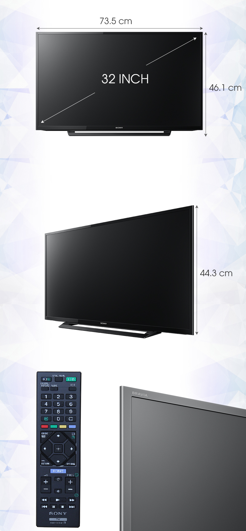 Tivi Sony 32 inch KDL-32R300D - Kích thước tivi