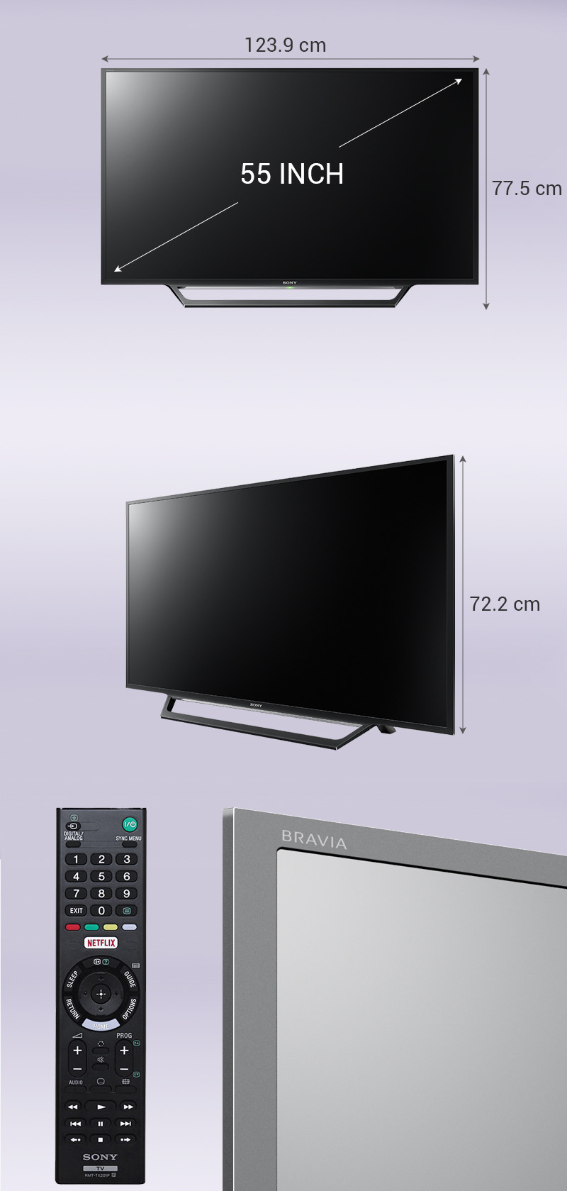 Smart Tivi Sony 55 inch KDL-55W650D - Kích thước TV