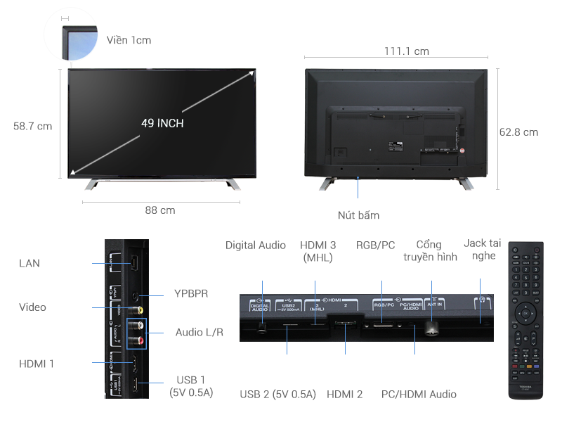 Thông số kỹ thuật Smart Tivi Toshiba 49 inch 49L5650