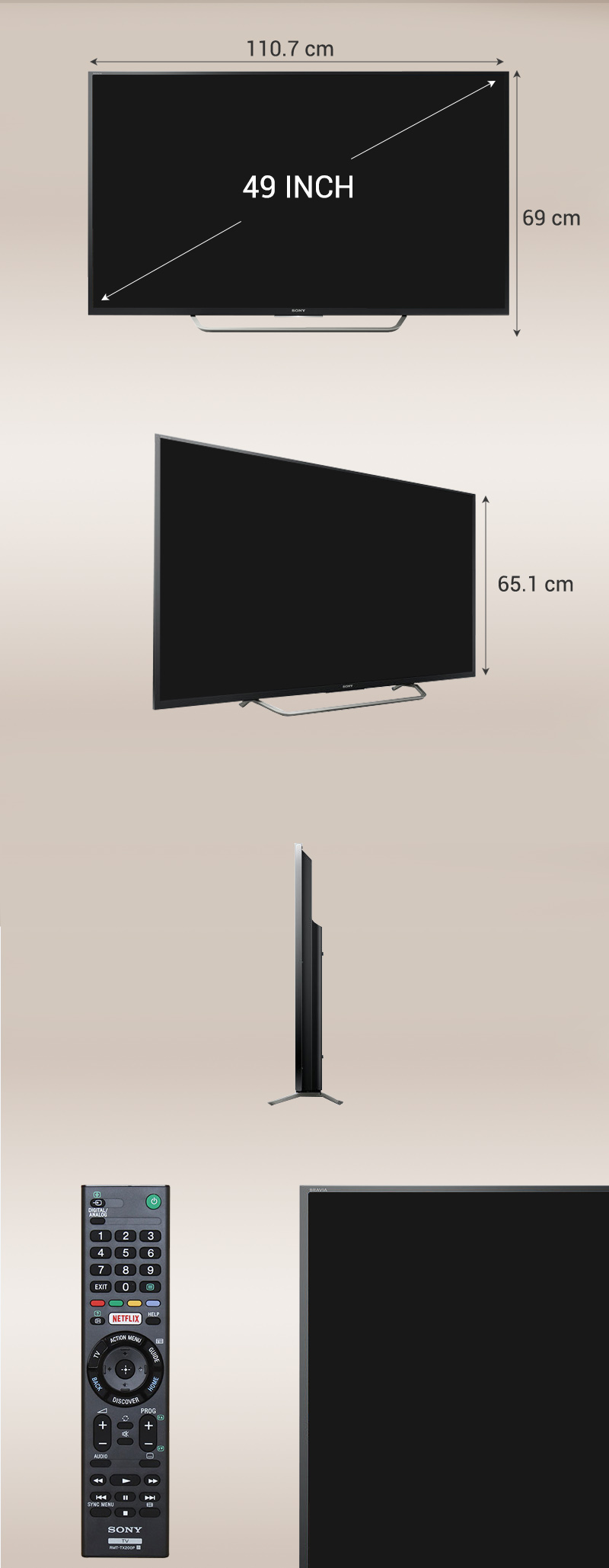 Android Tivi Sony 49 inch KD-49X7000D - Kích thước tivi