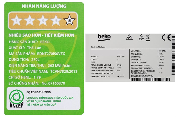 Tủ lạnh Beko Inverter 270 lít RDNT270I50VZX Màu Xám