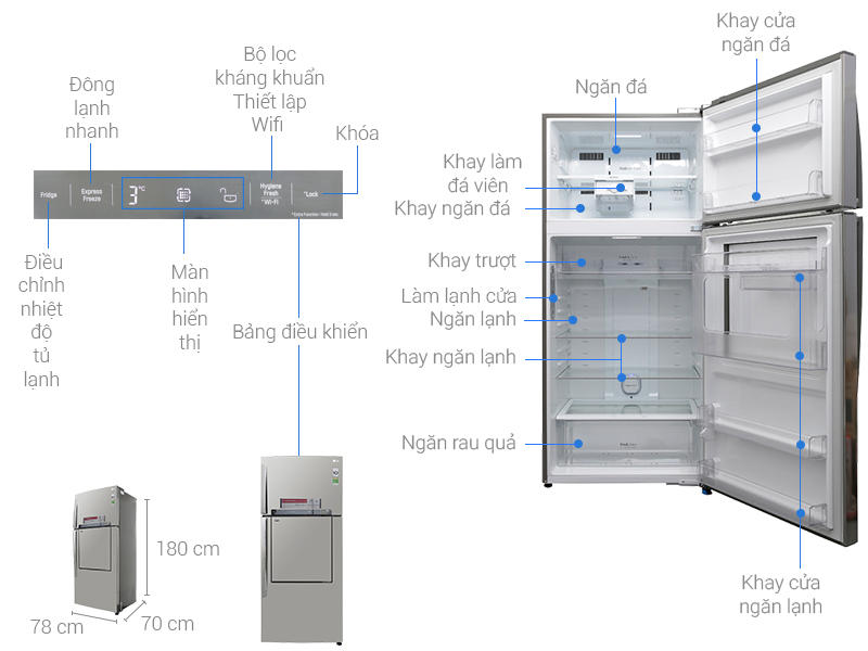 Thông số kỹ thuật Tủ lạnh LG Inverter 512 lít GN-L702SD