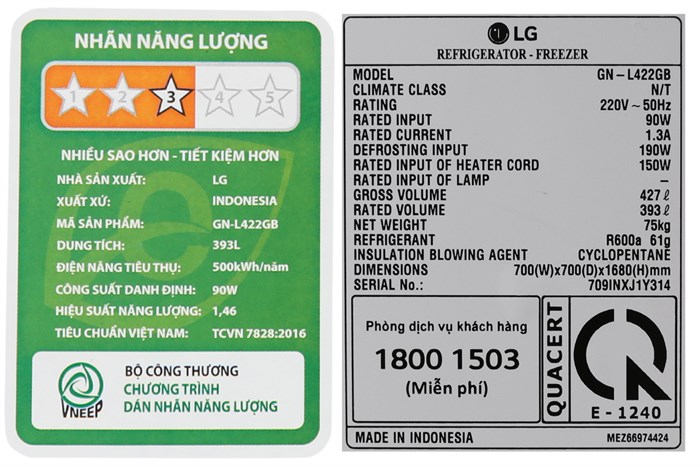 Tủ lạnh LG Inverter 393 lít GN-L422GB Màu Đen