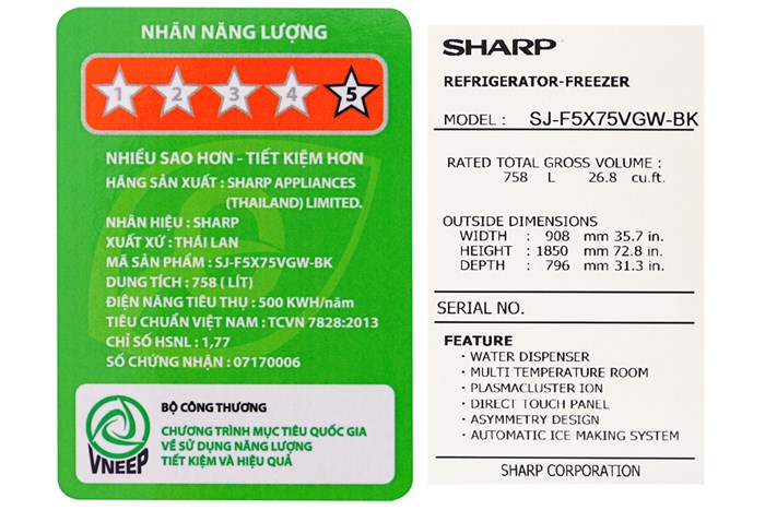 Tủ lạnh Sharp Inverter 665 lít SJ-F5X75VGW-BK Màu Đen