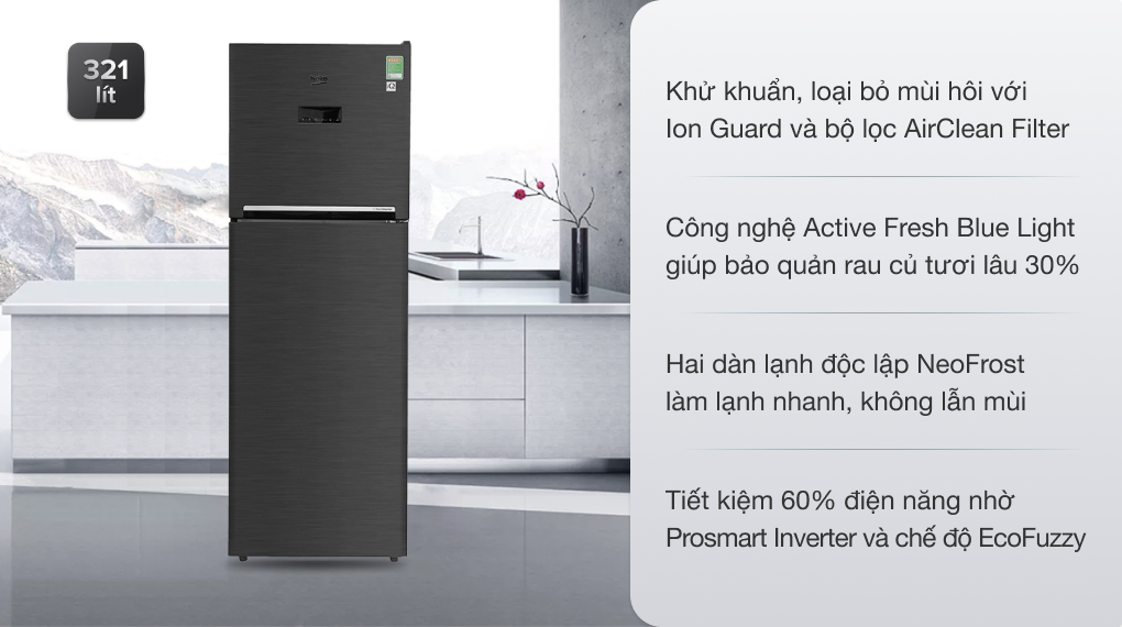 Tủ lạnh Beko Inverter 321 lít RDNT360E50VZWB