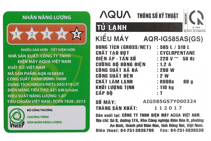 Tủ lạnh Aqua Inverter 518 lít AQR-IG585AS GS Màu Bạc