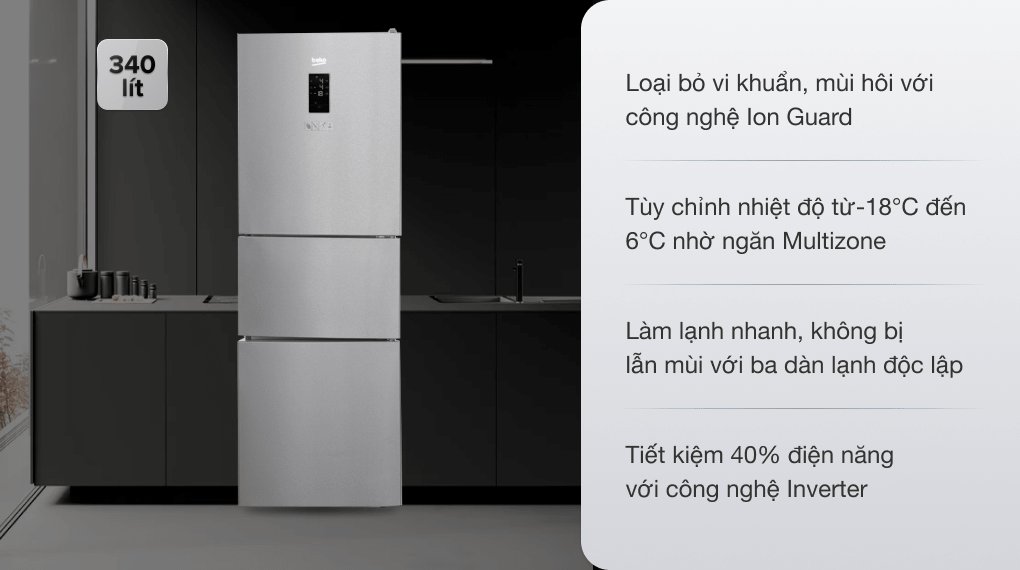 Tủ lạnh Beko Inverter 340 lít RTNT340E50VZX