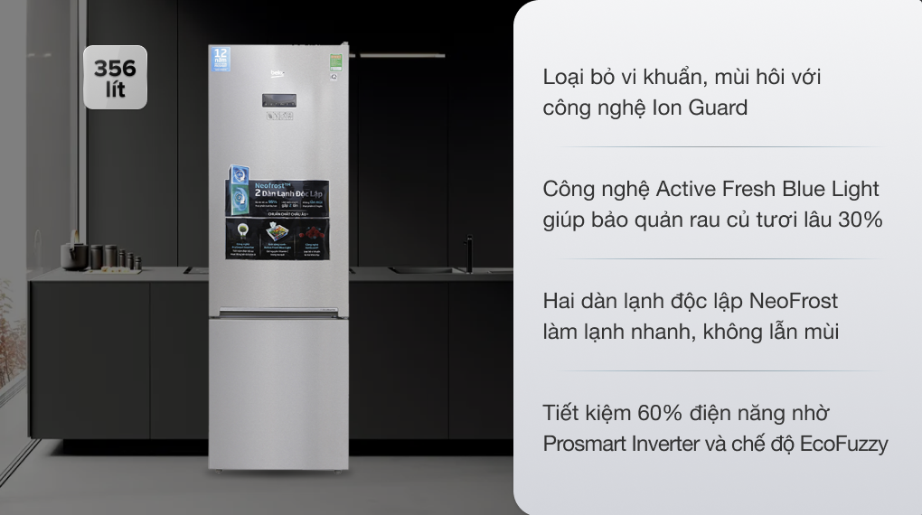 Tủ lạnh Beko Inverter 356 lít RCNT375E50VZX