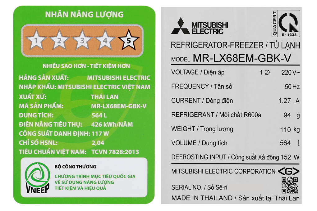 Tủ lạnh Mitsubishi Electric Inverter 564 lít MR-LX68EM-GBK-V Màu Đen