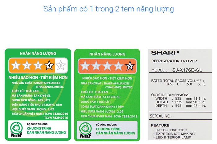 Tủ lạnh Sharp Inverter 150 lít SJ-X176E-SL Màu Bạc