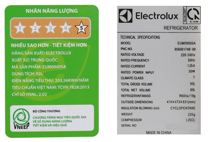 Tủ lạnh Electrolux 85 lít EUM0900SA Màu Bạc