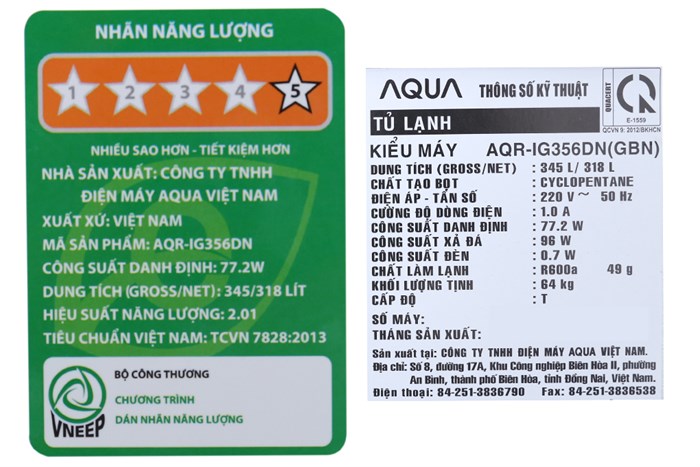 Tủ lạnh Aqua Inverter 318 lít AQR-IG356DN GBN Màu Đen