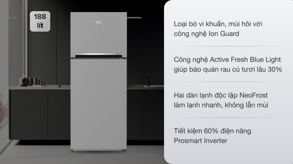 Tủ lạnh Beko Inverter 188 lít RDNT200I50VS