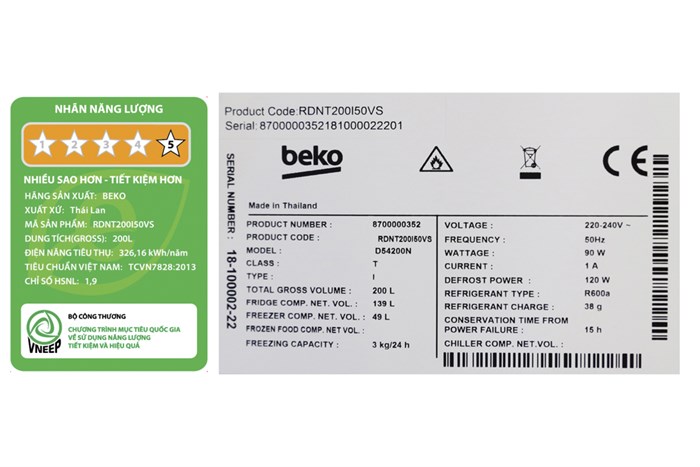 Tủ lạnh Beko Inverter 188 lít RDNT200I50VS Màu Bạc