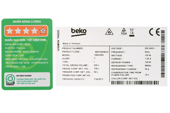 Tủ lạnh Beko Inverter 201 lít RDNT230I50VS Màu Bạc