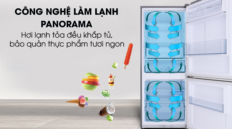 Công nghệ làm lạnh Panorama độc quyền giúp không khí lạnh đồng đều khắp tủ