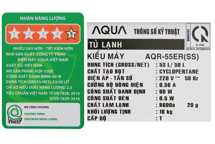 Tủ lạnh Aqua 50 lít AQR-55ER (SS) Xám Nhạt Màu Xám