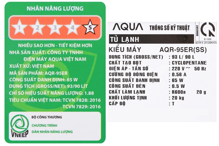 Tủ lạnh Aqua 90 lít AQR-95ER (SS) Xám Màu Xám
