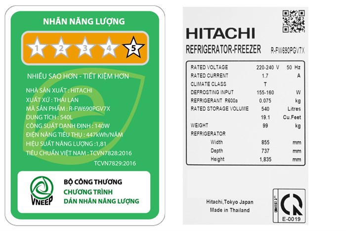 Tủ lạnh Hitachi Inverter 540 lít R-FW690PGV7X GBK Màu Đen