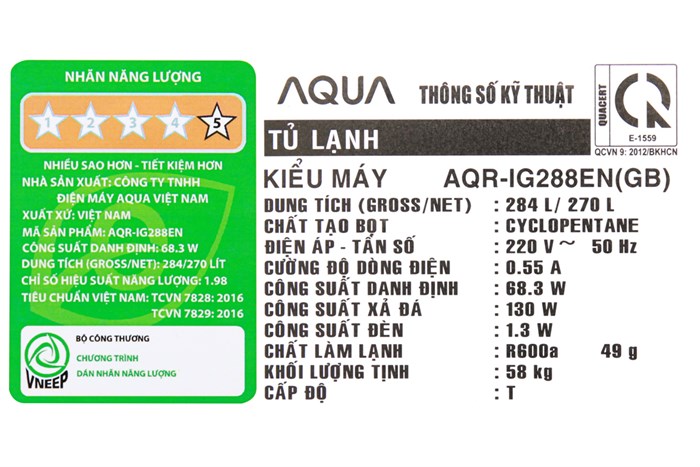 Tủ lạnh Aqua Inverter 270 lít AQR-IG288EN (GB) Màu Đen