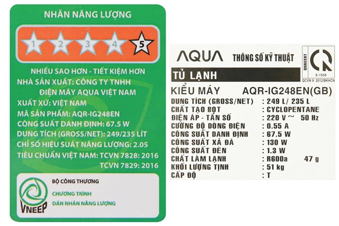 Tủ lạnh Aqua Inverter 235 lít AQR-IG248EN (GB) Màu Đen